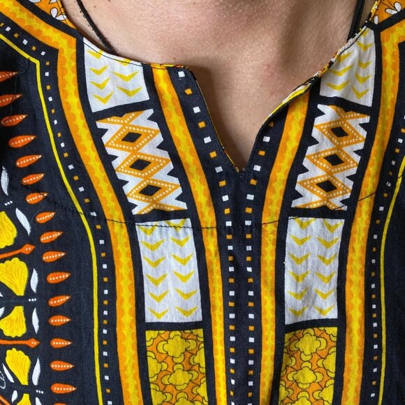 Da'iki Dashiki Shirt Black Yellow Tribal Ethnic Print Unisex Top M/L - Picture 6 of 6